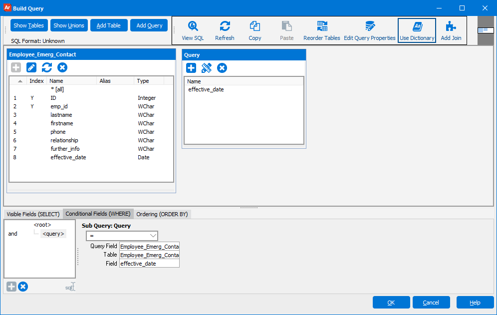 The aggregate function linking the sub query to the main query. Showing the where tab. The subquery is listed at the top of the tab, the equals operator is selected from among the radio buttons. The query field has emergency contact 1 effective date, the table is employee emerg contact, and the field is effective date. 